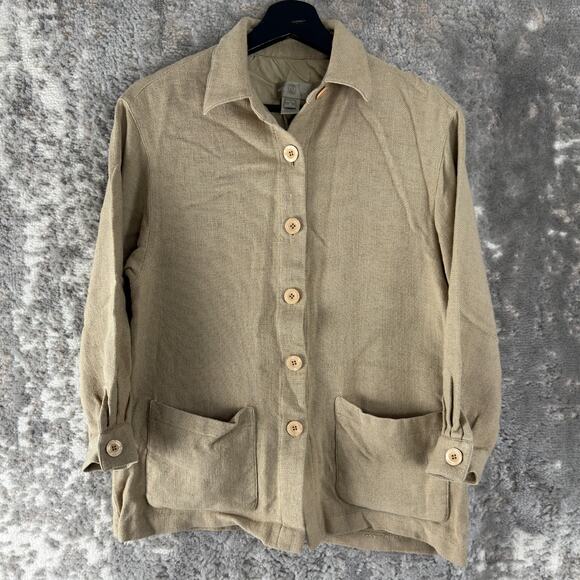 Nordstrom Petite Size SP Linen Blend Casual Button Top Collar Long Sleeve Beige - Picture 1 of 8